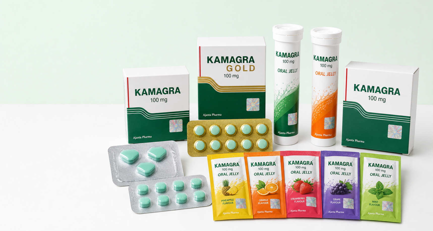 Branded Kamagra termékcsalád tablettákkal, Gold dobozzal és zselé tasakokkal