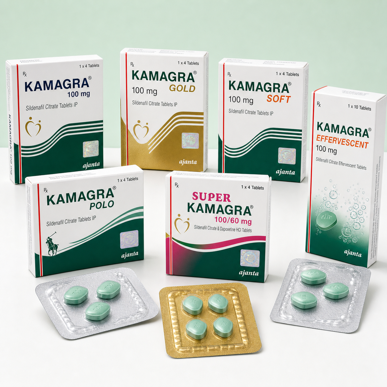 Branded tabletta termékfotó dobozokkal, blisterekkel és zöld tablettákkal